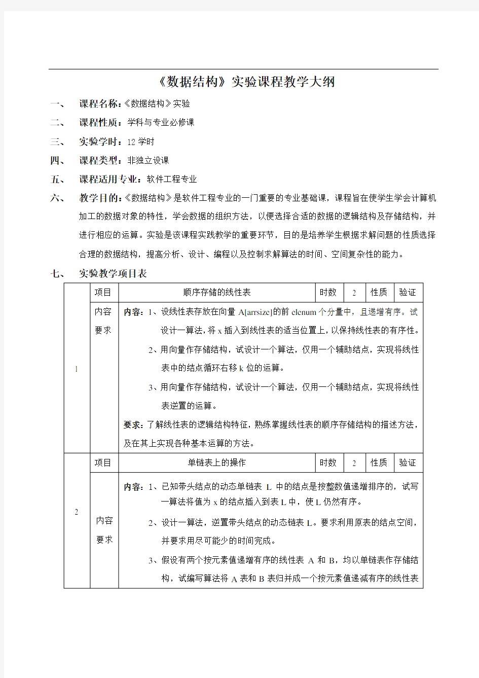 《数据结构与算法》实验教学大纲