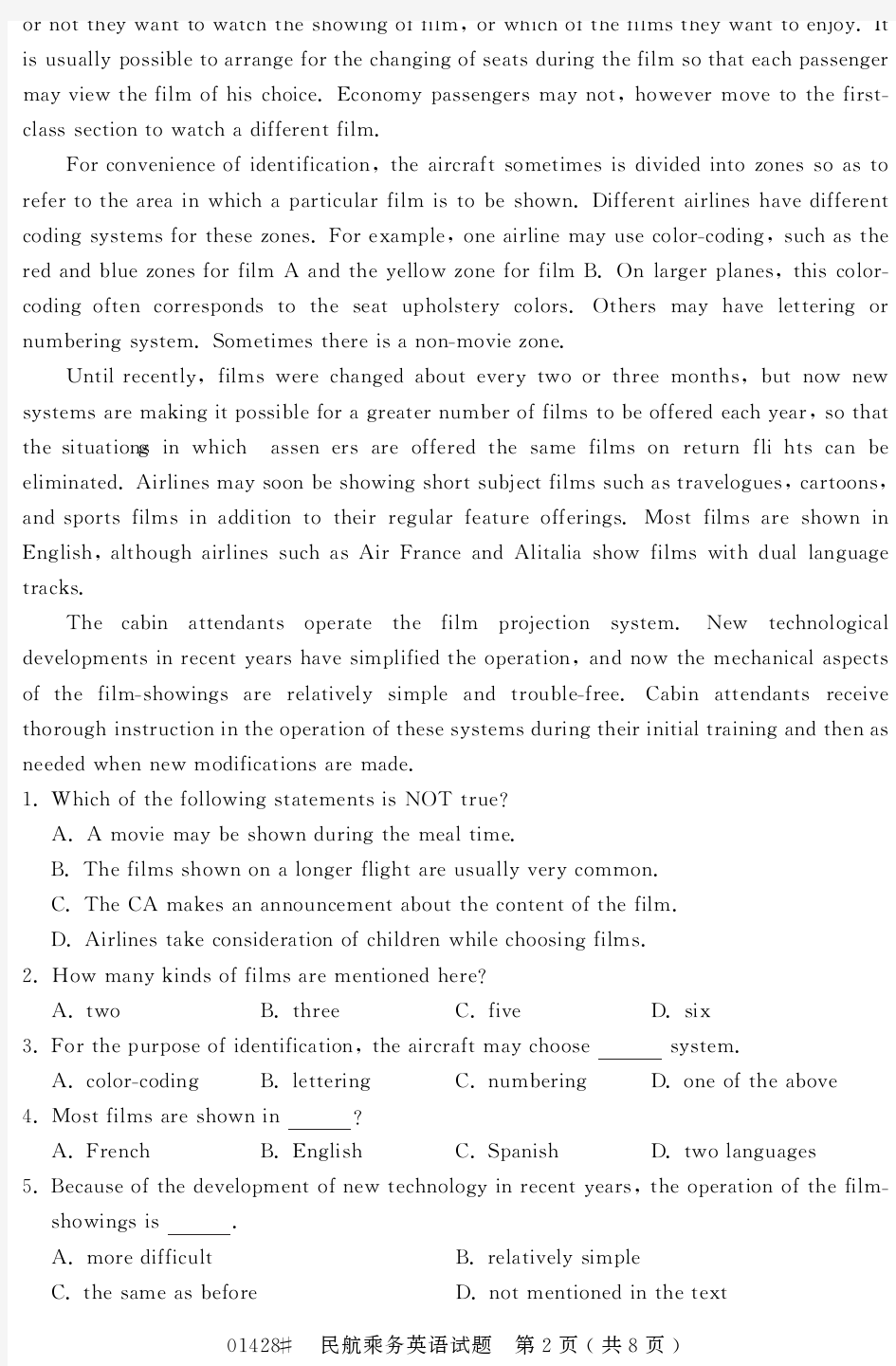 自学考试浙江省2015年10月高等教育自学考试民航乘务英语试题(01428)