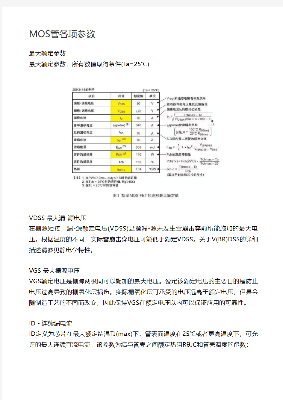 MOS管各项参数