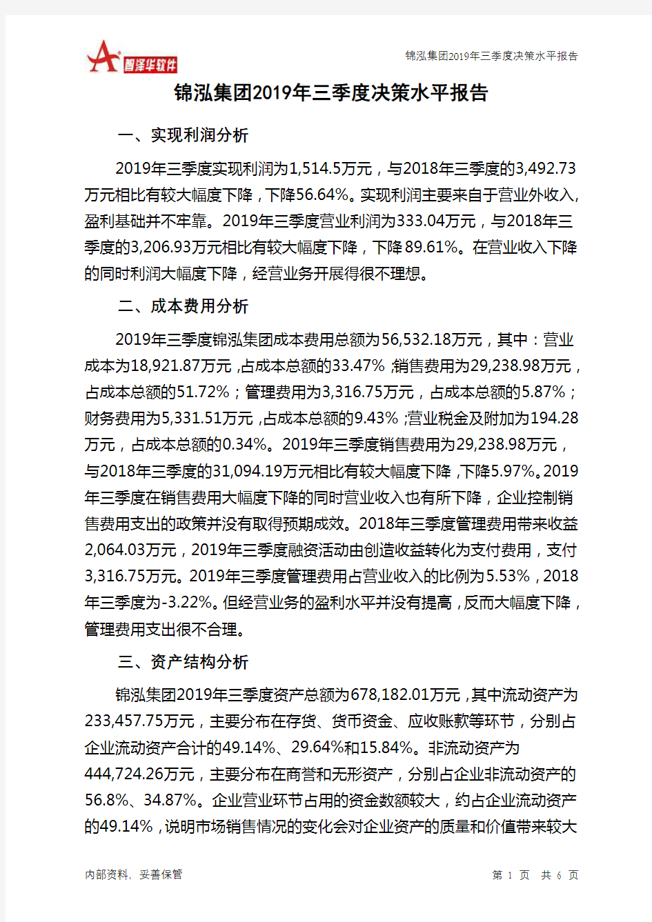 锦泓集团2019年三季度决策水平分析报告