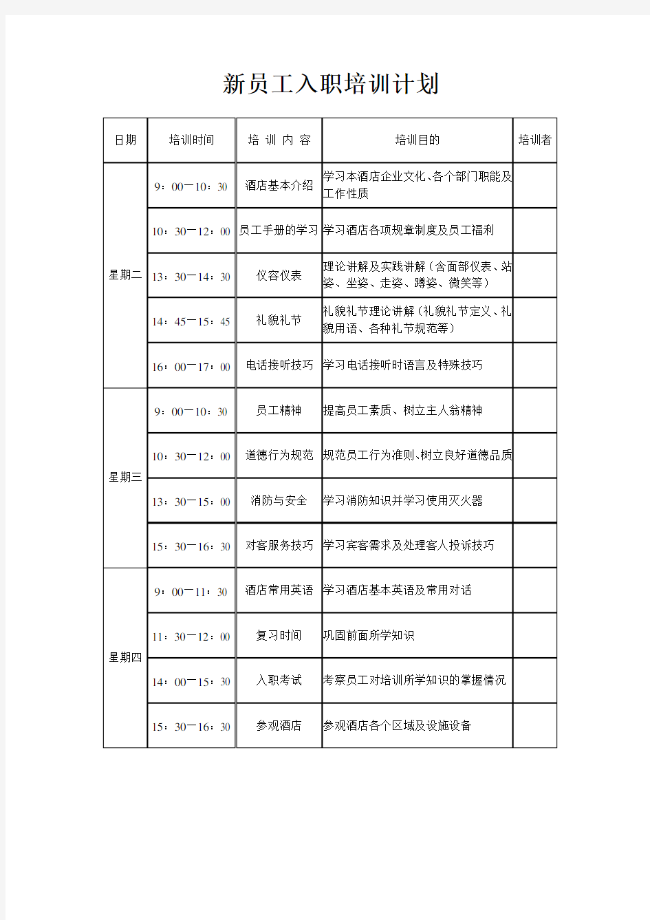 新员工入职培训计划 (酒店)