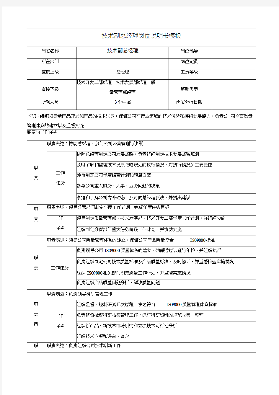 技术副总经理岗位说明书模板