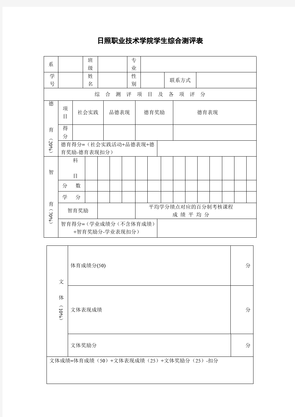 大学生综合测评表