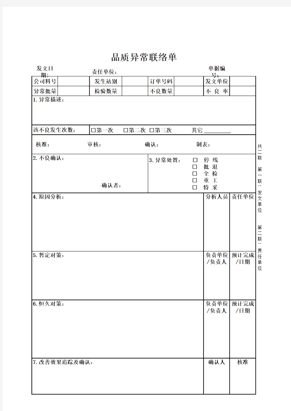 制程异常单(联络单)样板