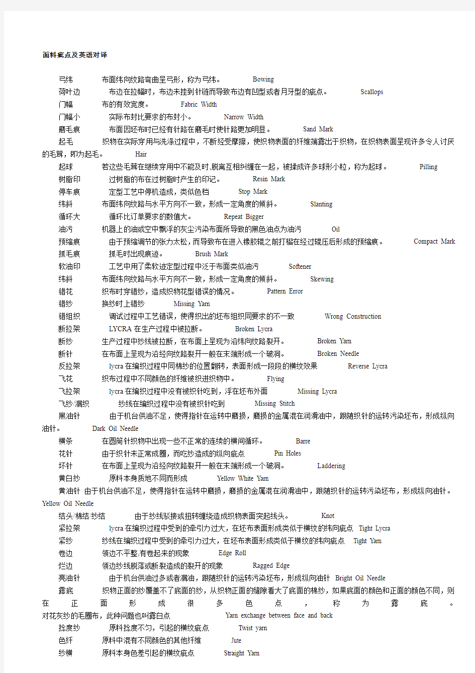 面料疵点及英语对译