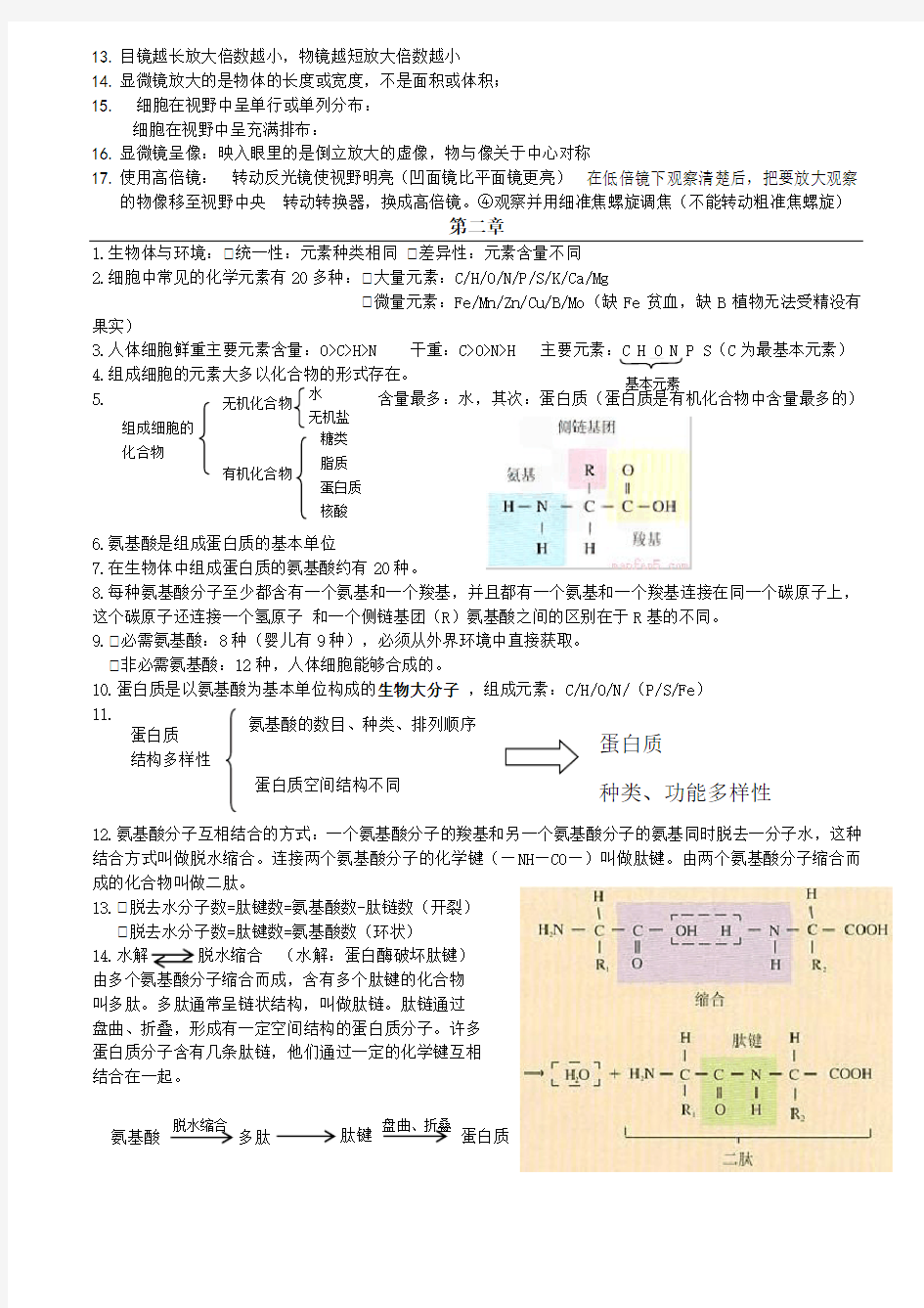 人教版高一必修一生物知识点整合