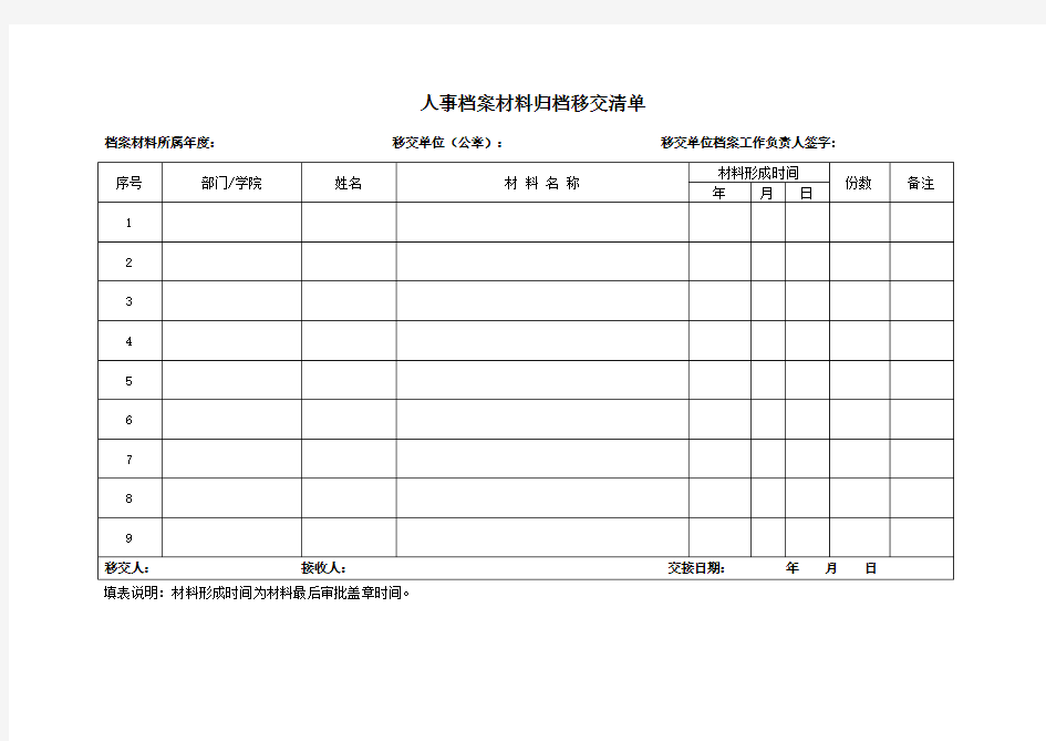 人事档案材料归档移交清单