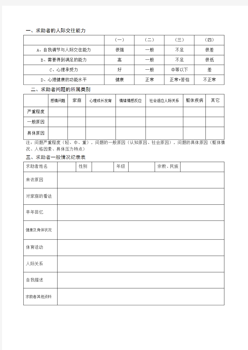 高校大学生心理咨询记录表