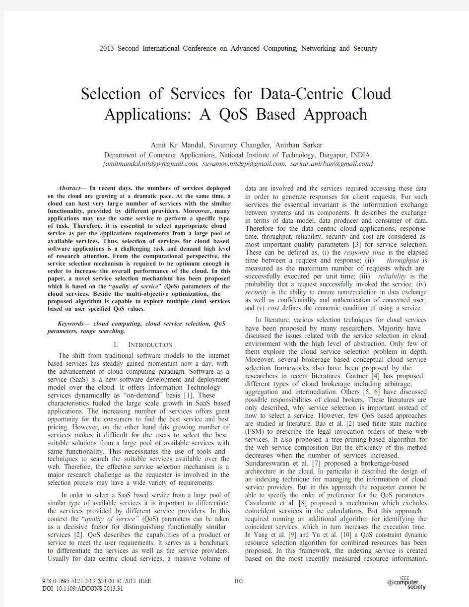 Selection of Services for Data-Centric Cloud Applications A QoS Based Approach (2013)