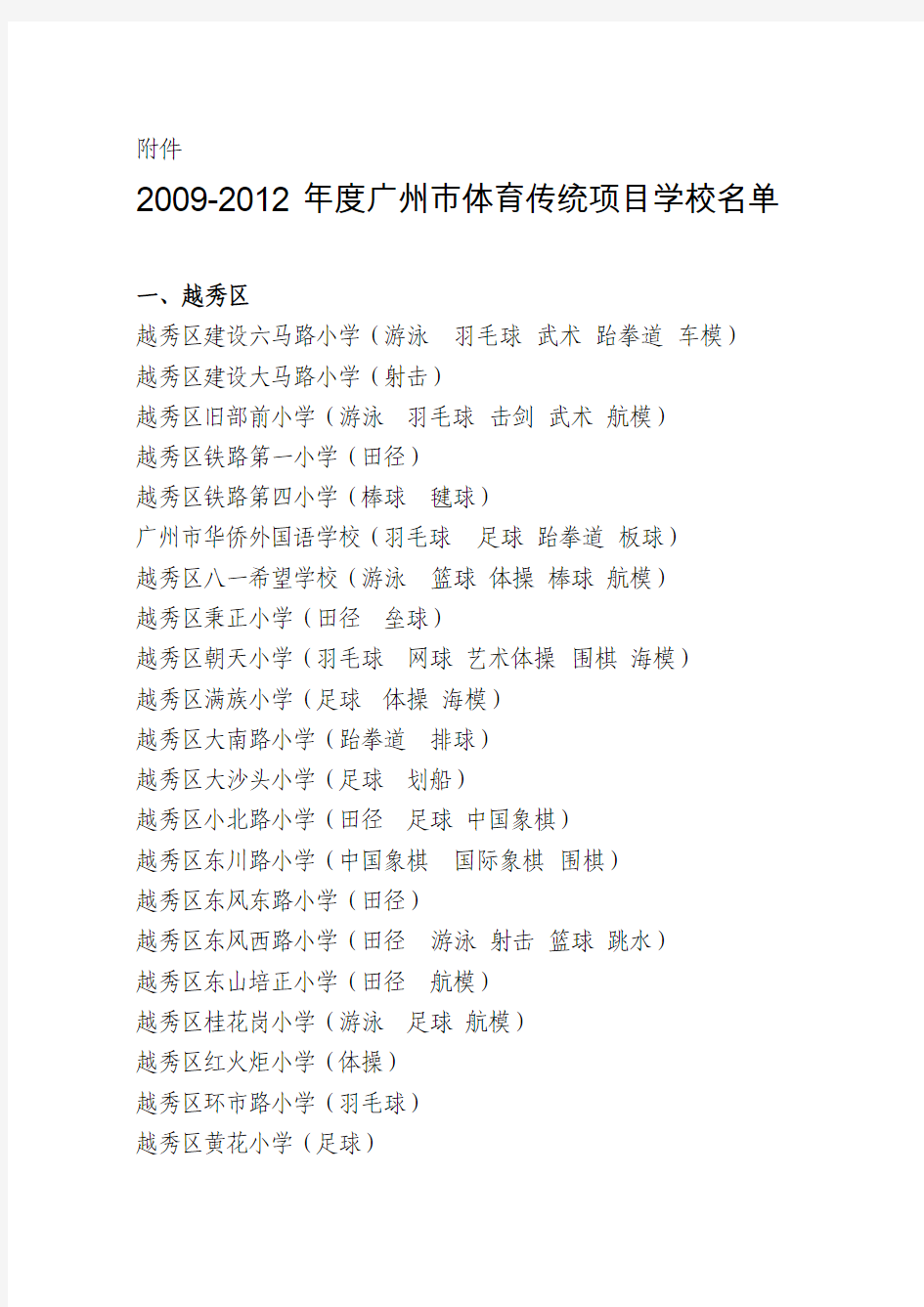 2009-2012年度广州市体育传统项目学校名单