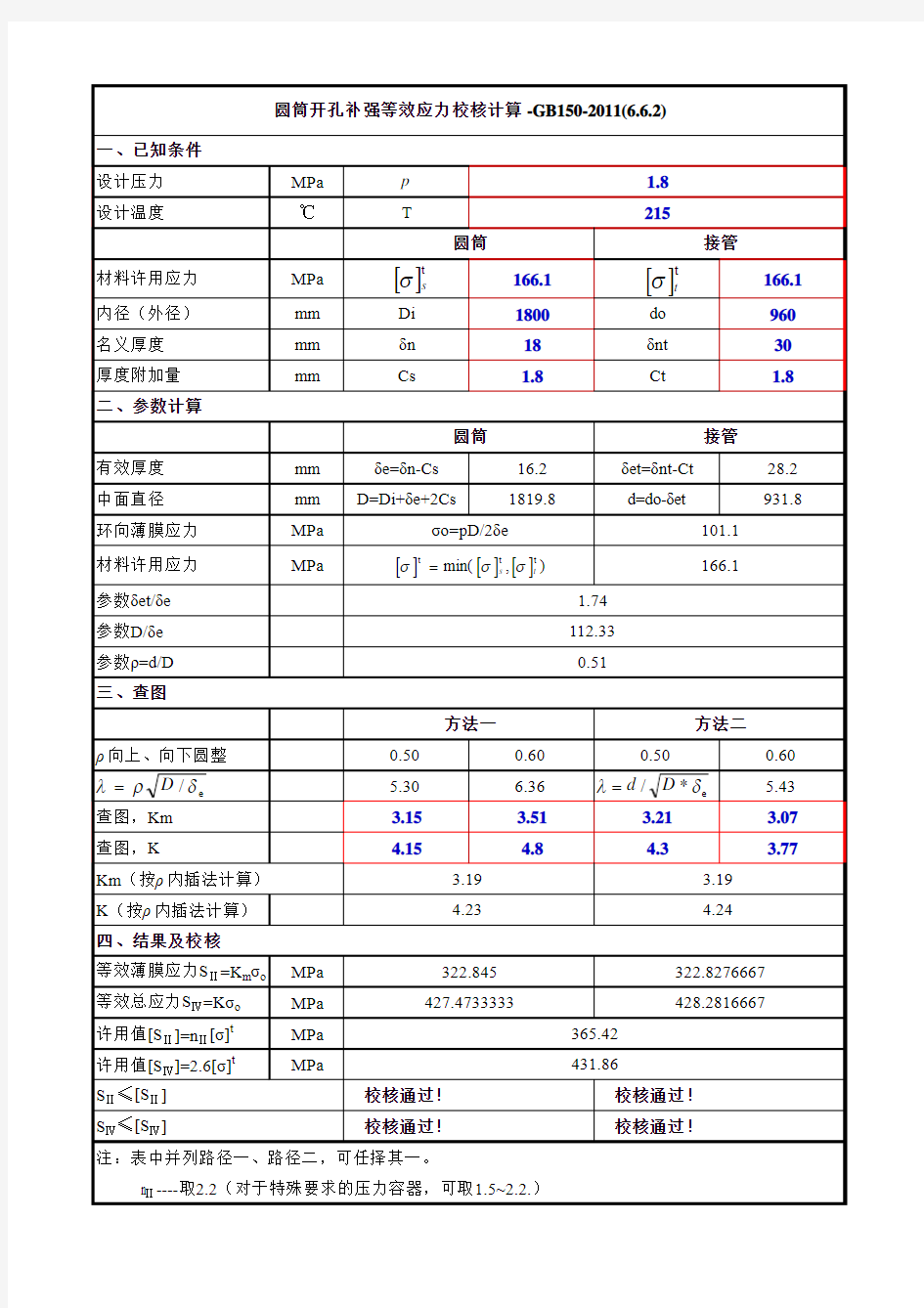 圆筒开孔补强等效应力校核计算表GB150-2011 6.6.2