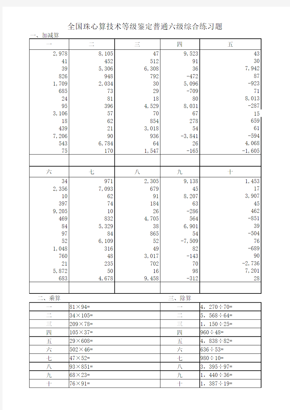 全国珠心算技术等级鉴定普通六级综合练习题