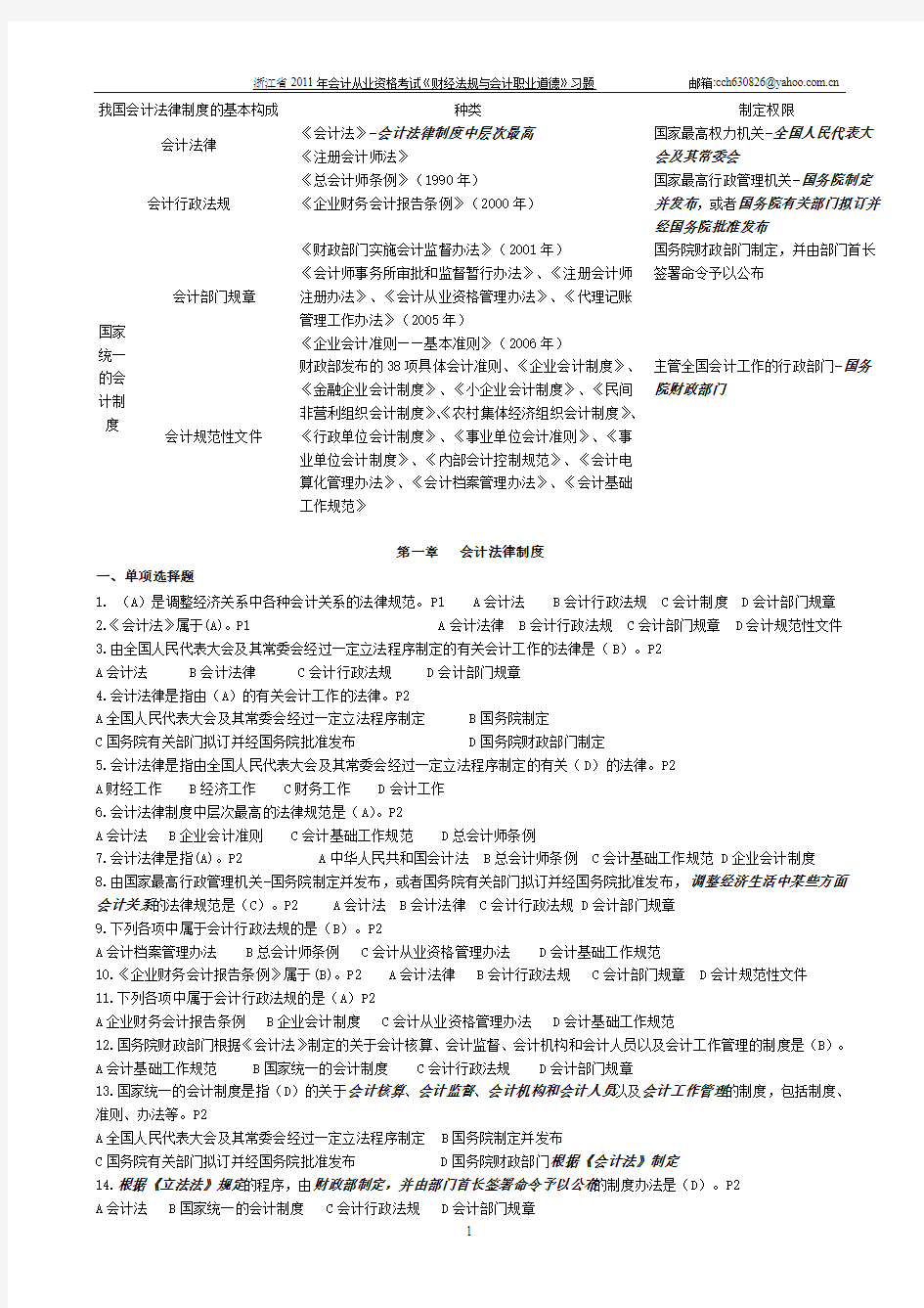 浙江省2011会计从业资格考试《财经法规与会计职业道德》习题第一章