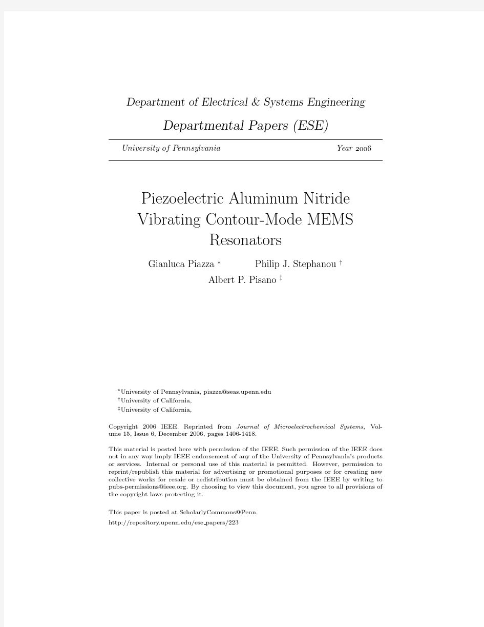 Piezoelectric Aluminum Nitride Vibrating Contour-Mode MEMS Resonators