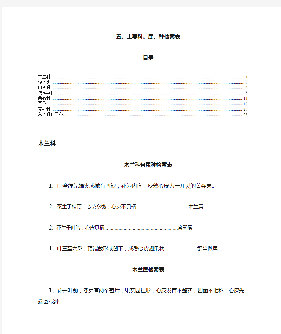 (园林树木学)主要科、属、种检索表