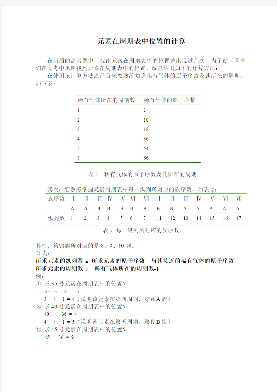 元素在周期表中位置的计算