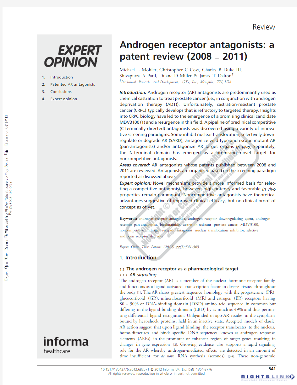 Androgen receptor antagonists  a patent review (2008 - 2011)