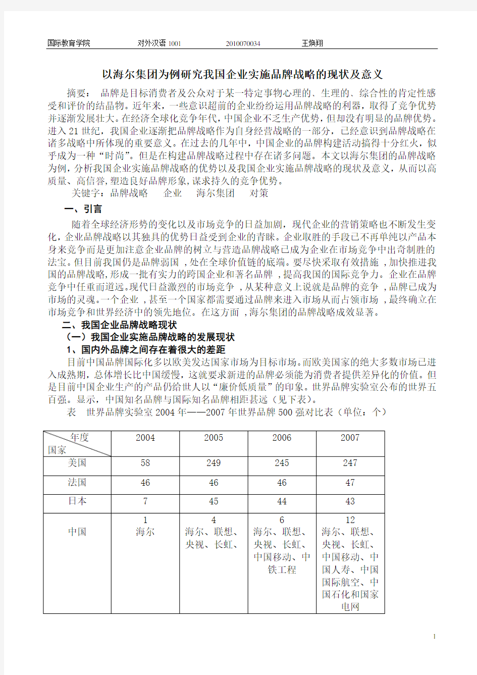 以海尔集团为例研究我国企业实施品牌战略的现状及意义