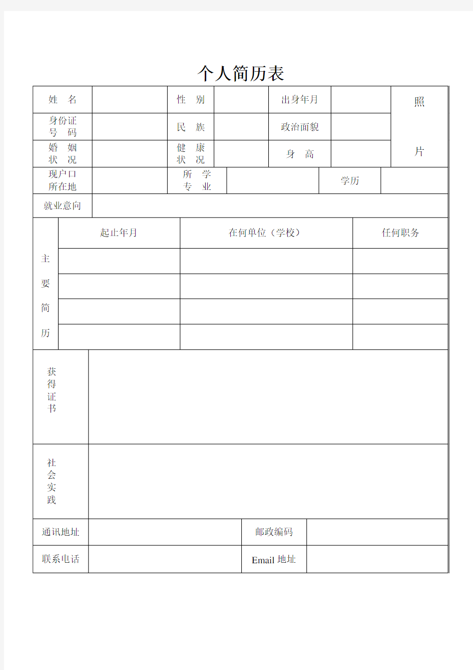 常用个人简历表格