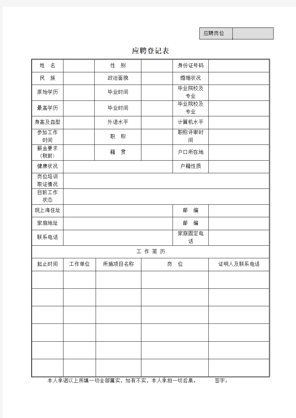 应聘登记表新范本