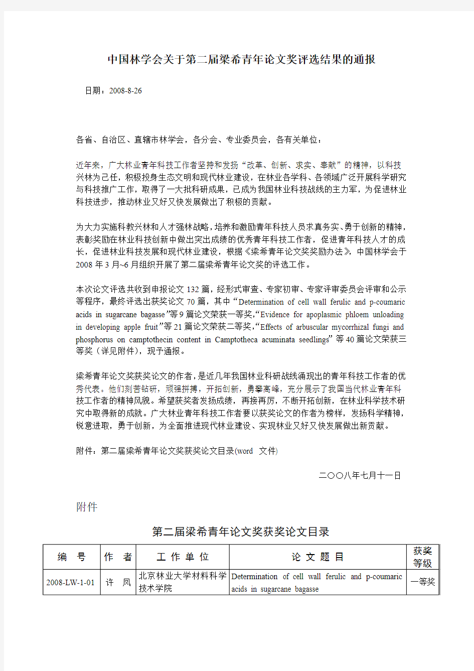 中国林学会关于第二届梁希青年论文奖评选结果的通报
