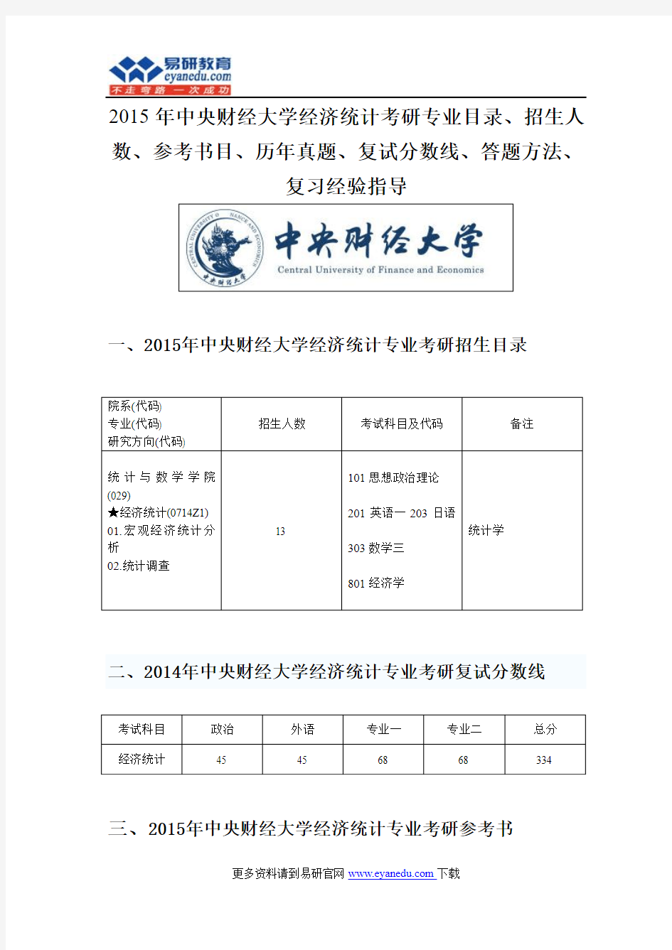 2015年中央财经大学经济统计考研专业目录招生人数参考书目历年真题复试分数线答题方法