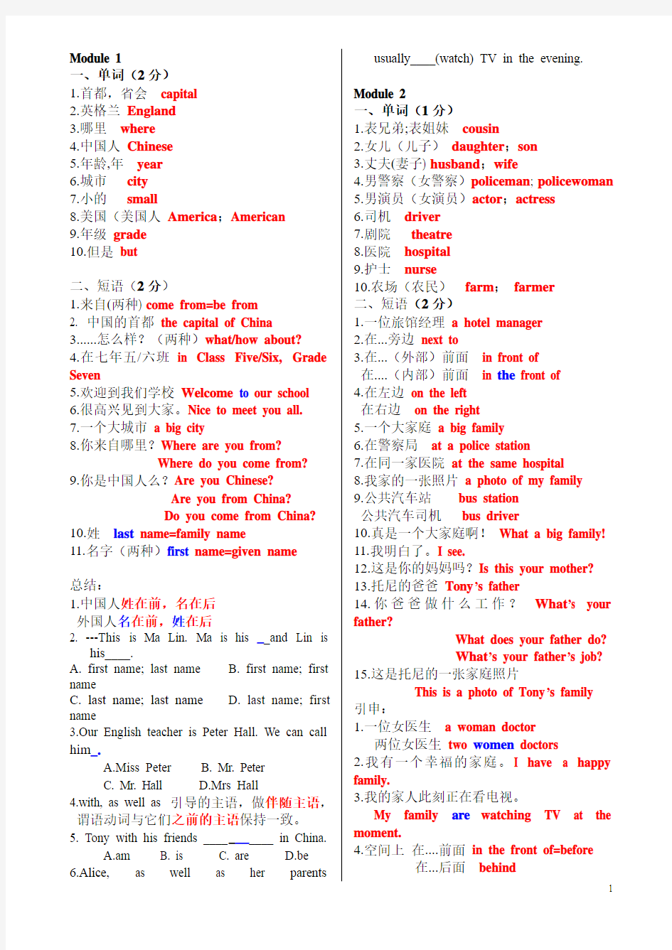 外研版七年级上M1-M10Revision重点单词和词组