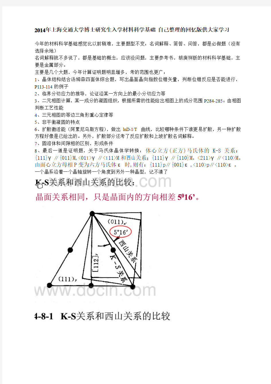 2014上海交通大学材料科学基础 考博真题回忆版+05,12,13