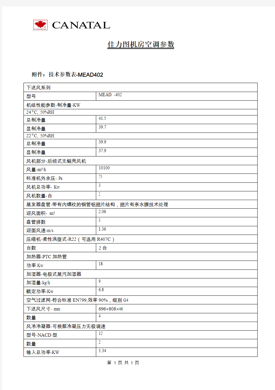 佳力图40KW空调参数