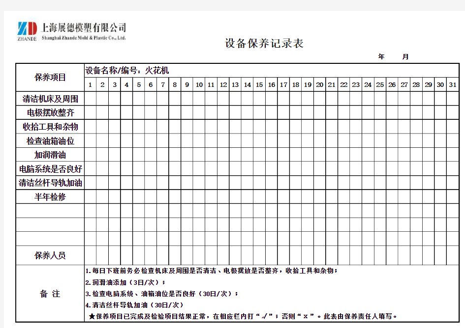 火花机设备保养记录表