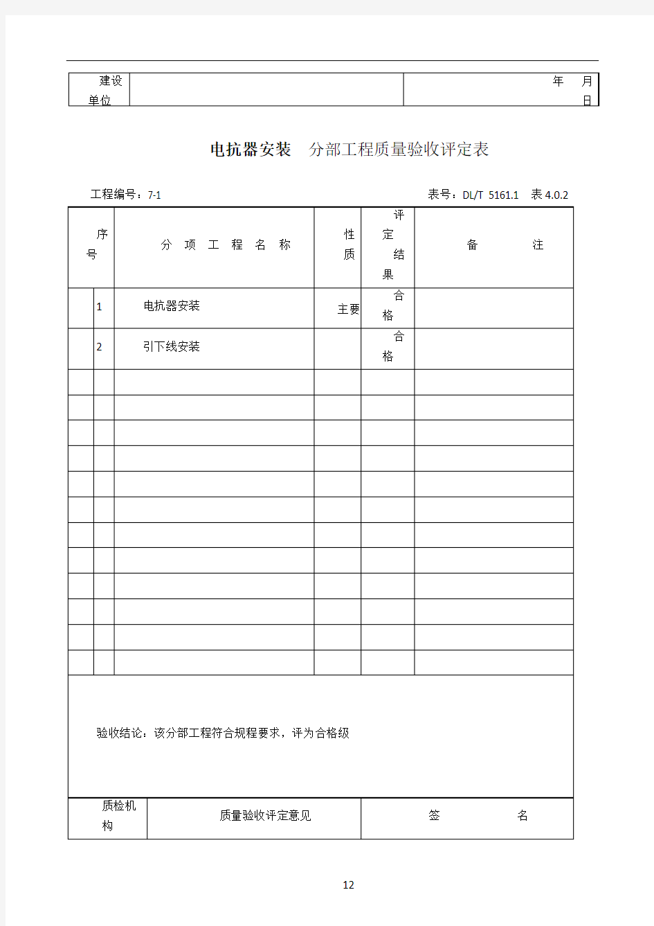 (3)无功补偿装置安装 单位工程质量验收评定表