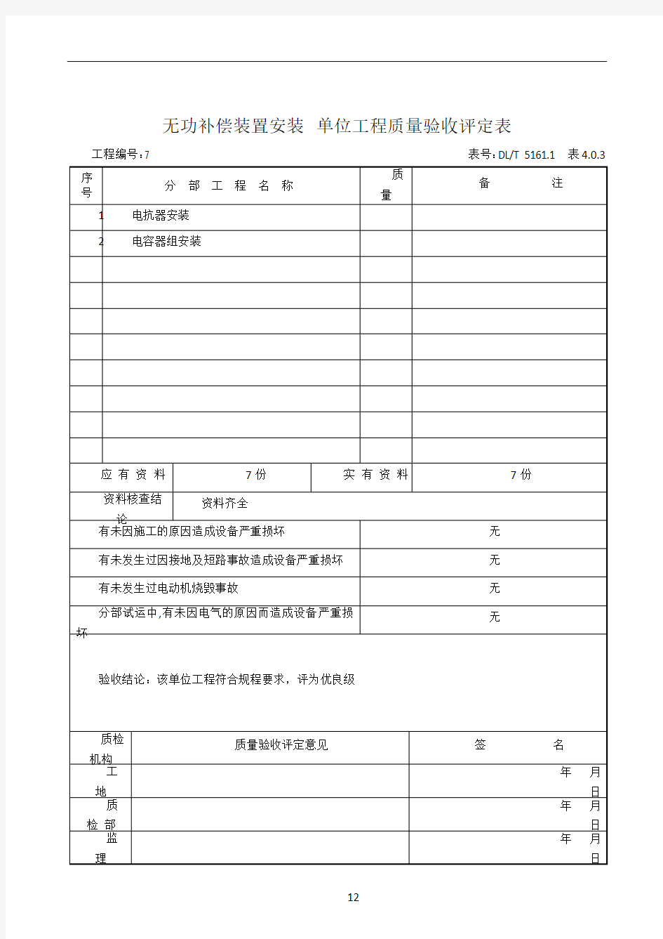 (3)无功补偿装置安装 单位工程质量验收评定表