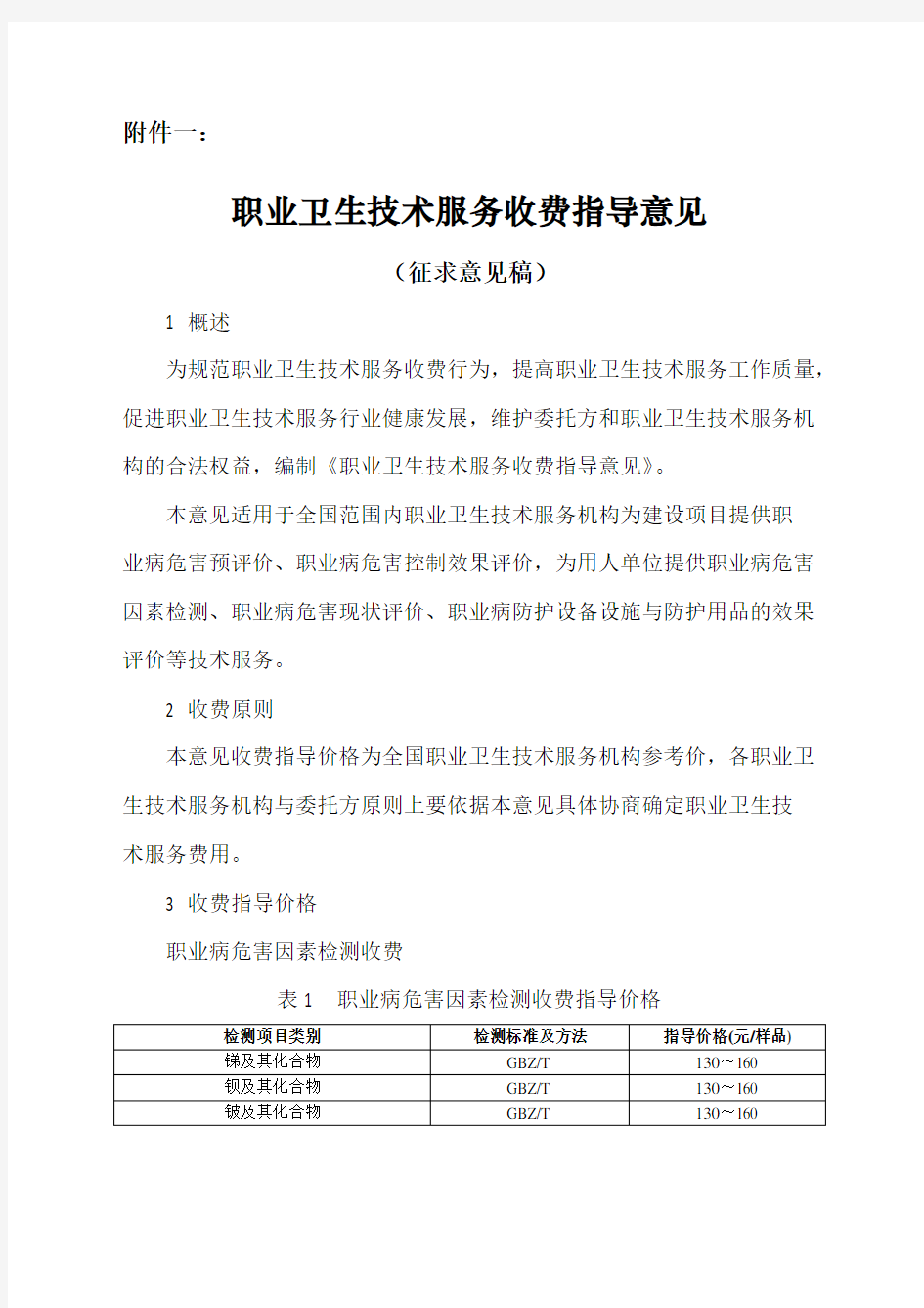 职业卫生技术服务收费指导意见收费标准