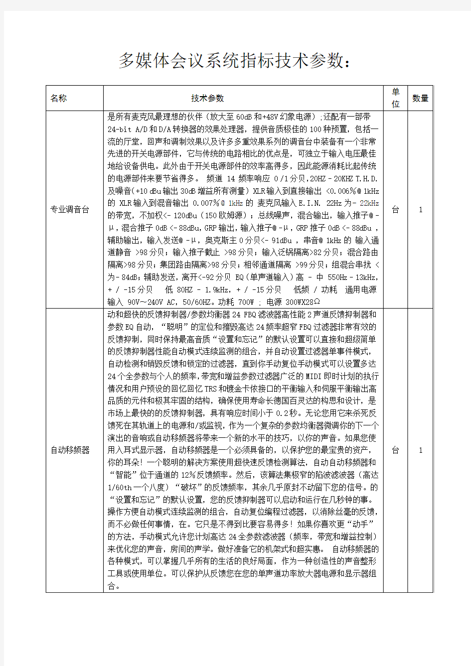 多媒体会议系统指标技术参数