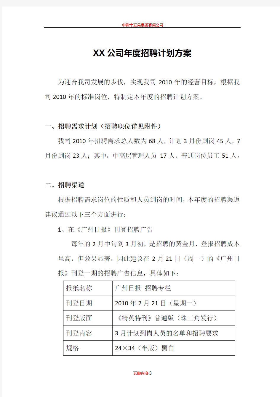 XX公司年度招聘计划方案