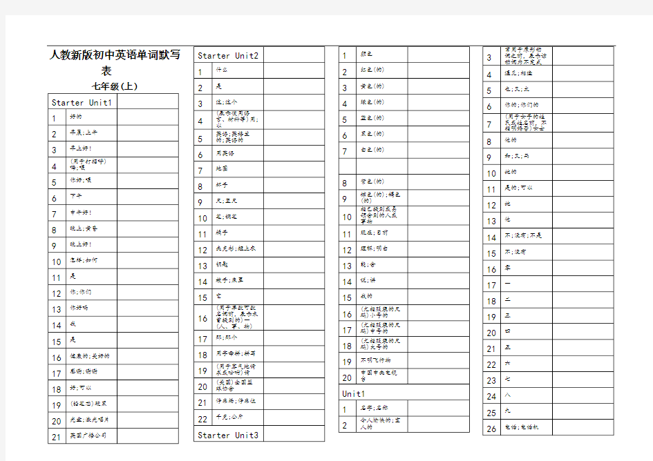 七年级上册英语单词默写表(直接打印)