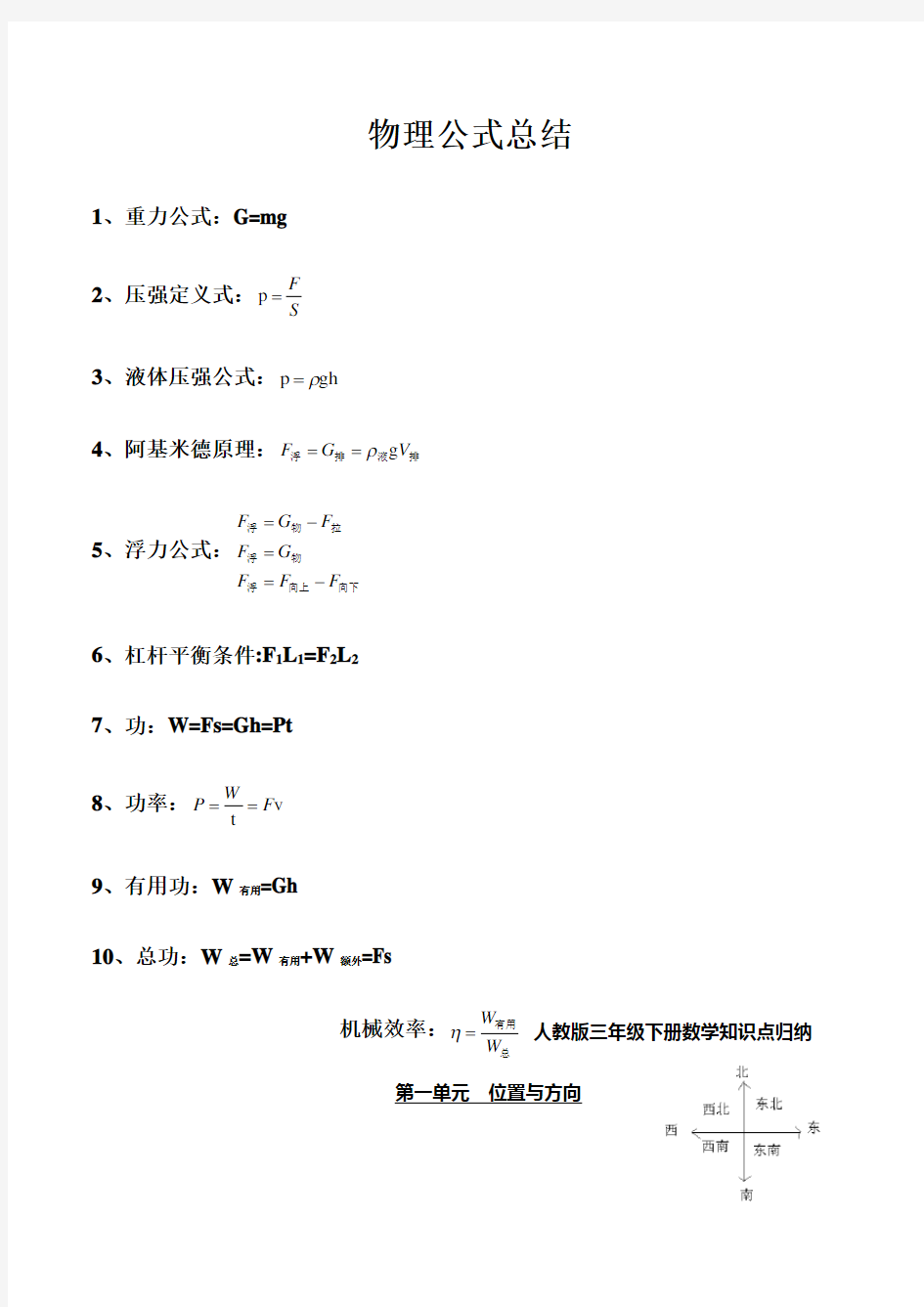 初三物理下册公式总结培训资料