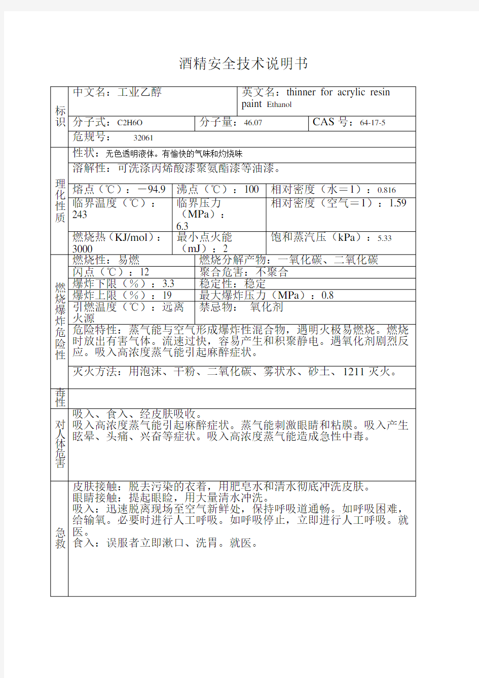 酒精安全技术说明书MSDS