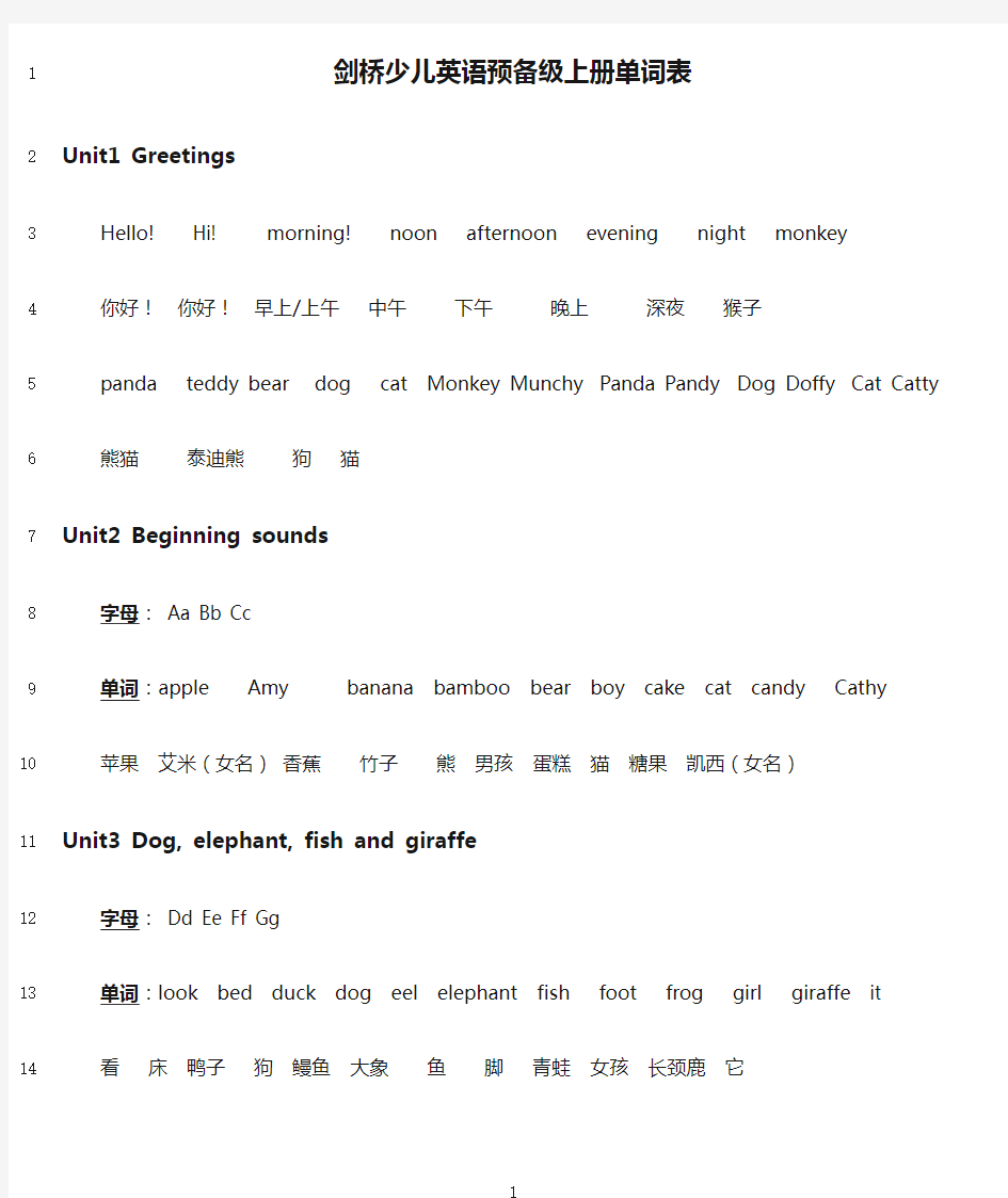 最新剑桥少儿英语预备级上册单词表(精编打印版)