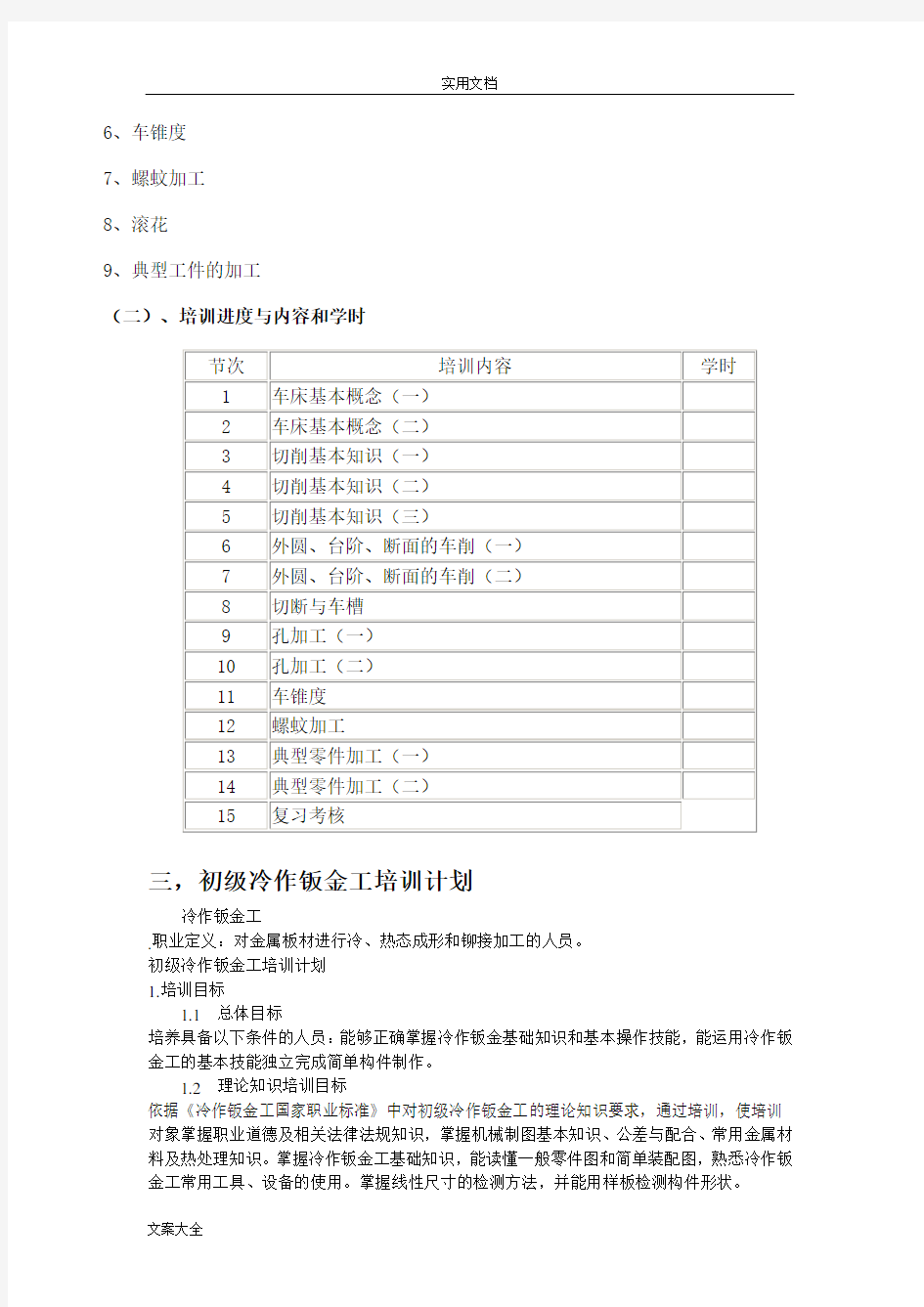 机械加工培训计划清单