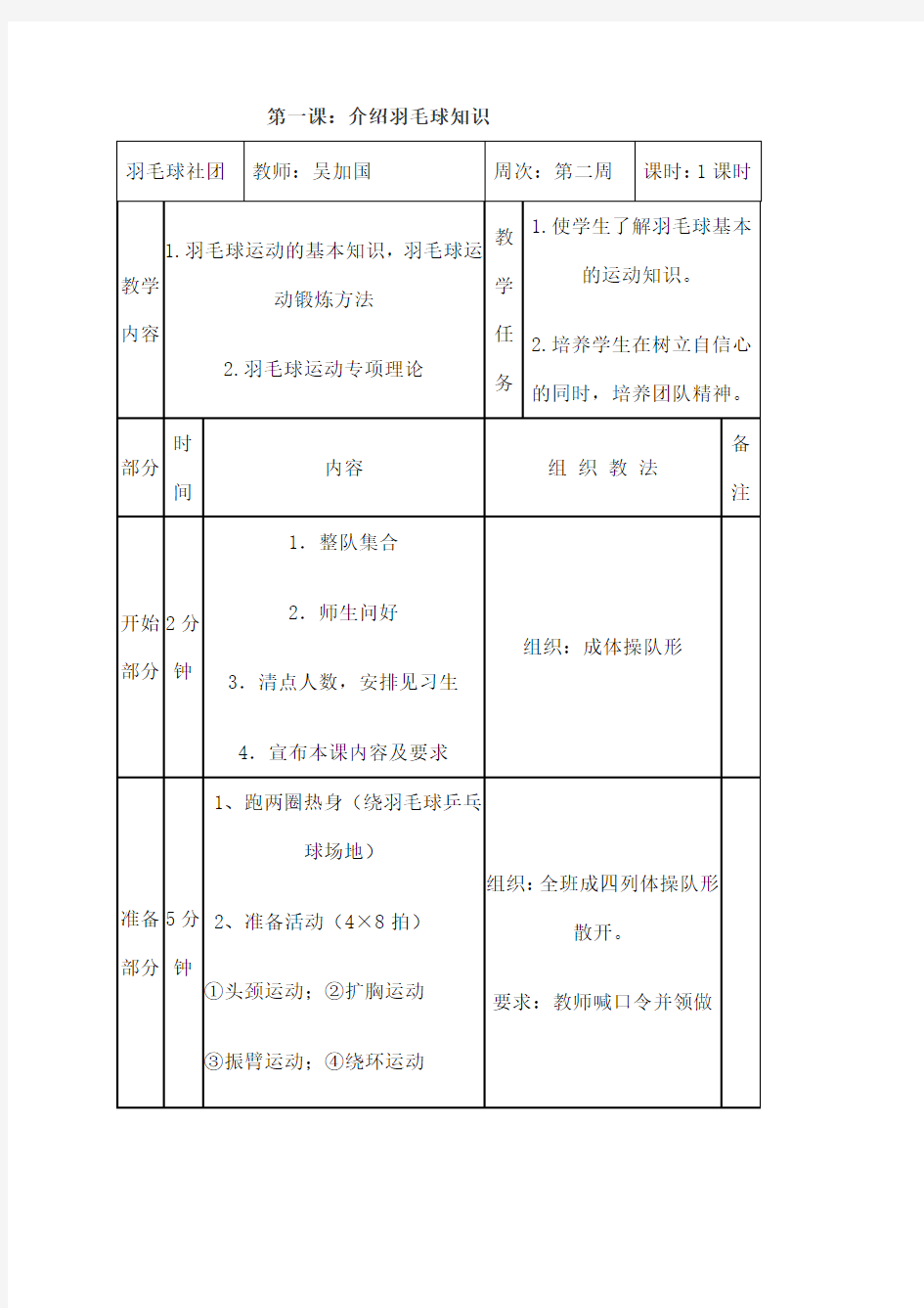 羽毛球课程优秀教案全