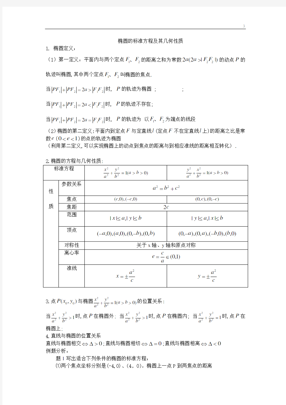 椭圆的规范标准方程及其几何性质