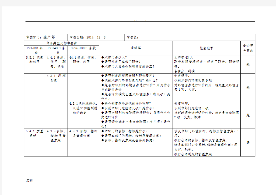 质量体系内审检查表(生产部)