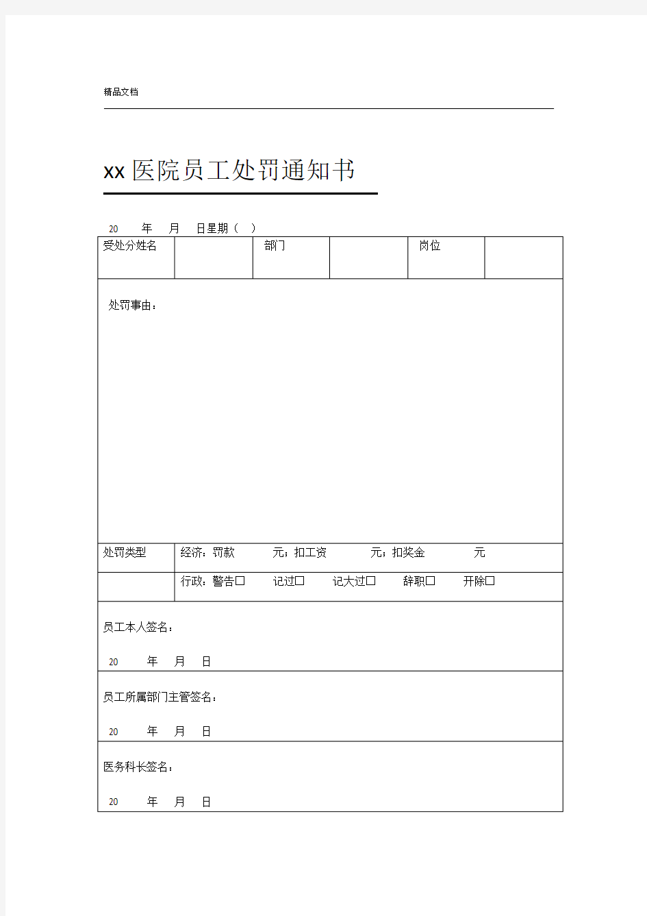 医院员工处罚通知书