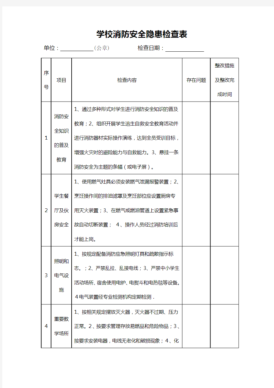 学校消防安全隐患检查表