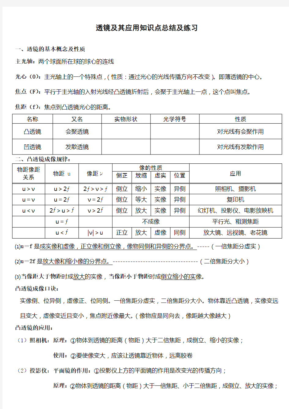 最新人教版八年级物理透镜及其应用知识点整理及练习