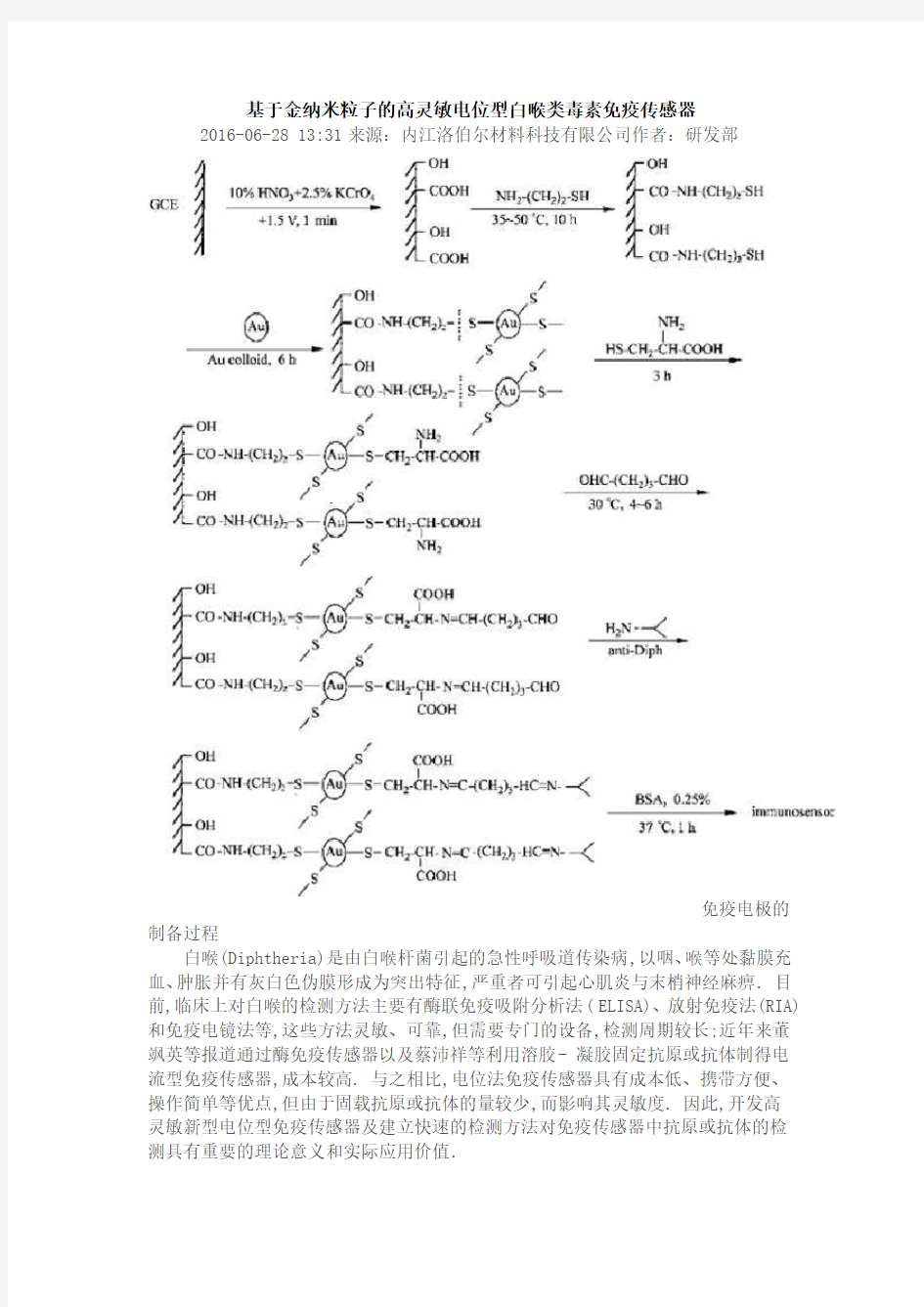 基于金纳米粒子的高灵敏电位型白喉类毒素免疫传感器