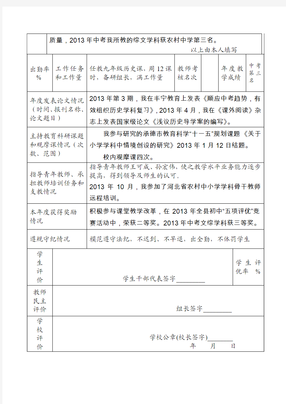 丰宁满族自治县教学名师年度考核表