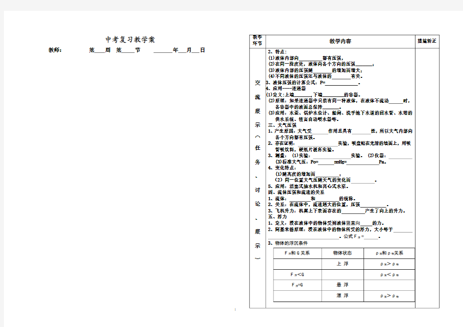 中考复习教学案  第十四章  压强和浮力