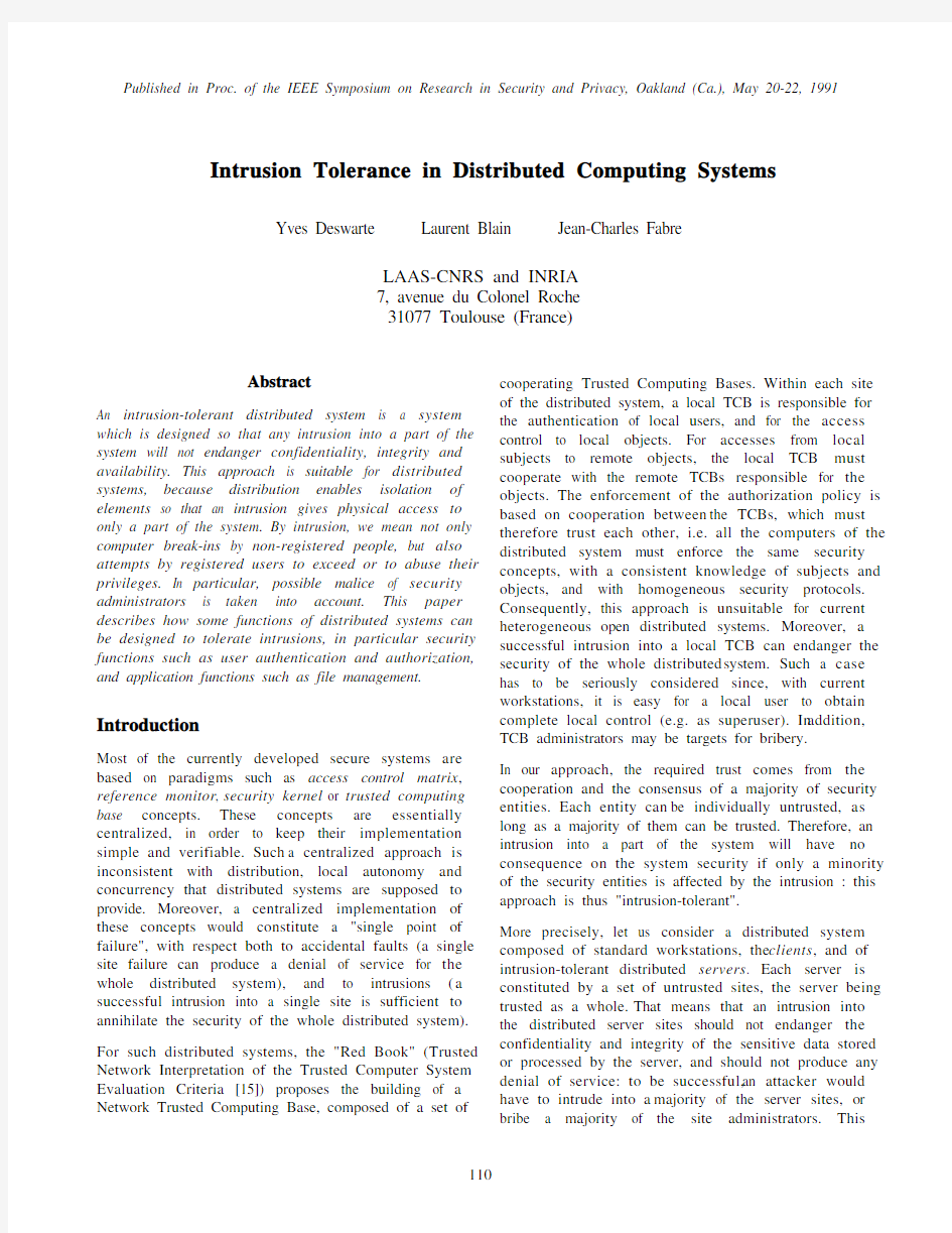 Intrusion Tolerance in Distributed Computing Systems